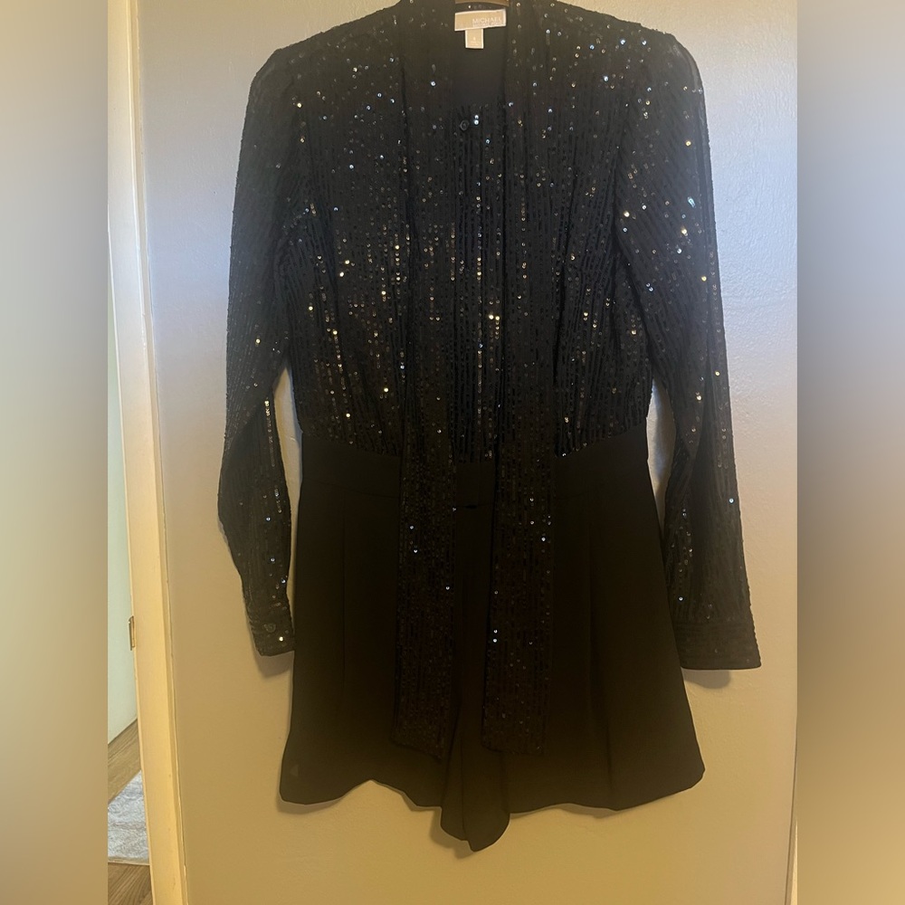 Michael Kors Black Sequin Long-Sleeve Romper